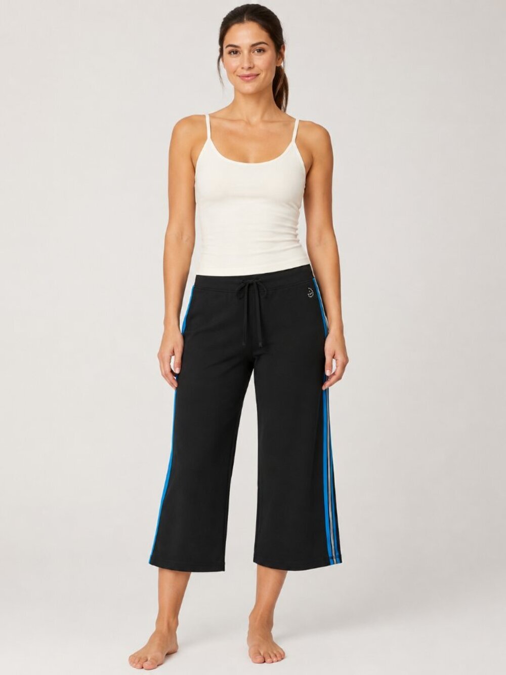 Be Inspired Black Cropped Yoga Pants Size Medium Blue Stripe Wide Leg